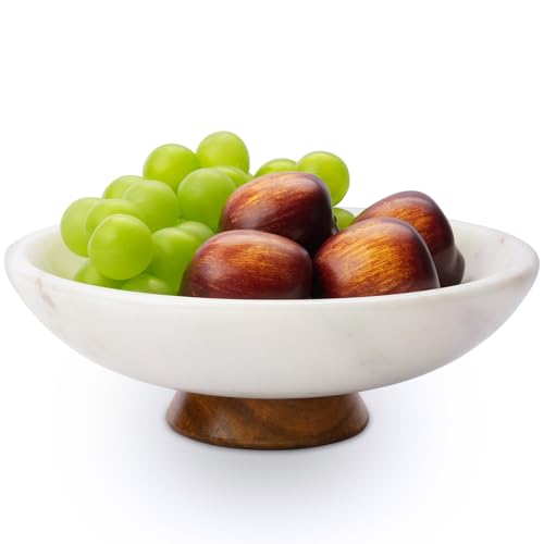 SAMAH Marble Fruit Bowl with Acacia Wood Pedestal, Large Decorative