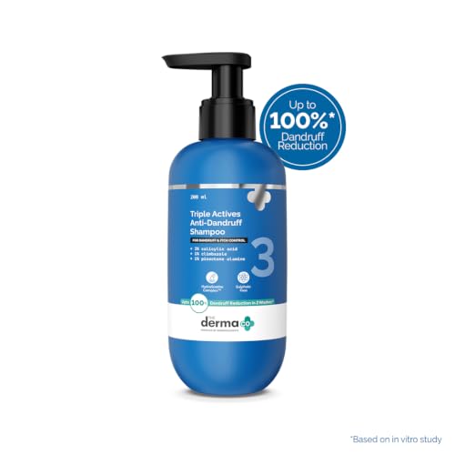 Image of The Derma Co Triple Actives Anti-Dandruff Shampoo | Up To 100%* Dandruff Reduction | 2% Salicylic Acid + 1% Climbazole + 1% Piroctone Olamine & Menthol | ZPTO-Free | pH 5.5, Non-Drying & Sulphate-Free formula | Suitable for Men & Women | 200 ml