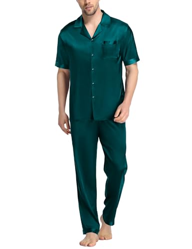 Image of SWOMOG Mens Satin Pajama Set Short Sleeve Classic Sleepwear Button Down Silky Loungewear with Long Pants Solid Deep Green X-Large