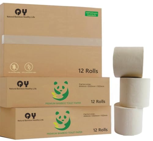 QingYa Premium Bamboo Toilet Paper 12 Mega Rolls, 3 ply, Septic Safe,Plastic-Free,Unbleached Brown,Tree-Free,Soft and Absorbent,Bathroom Tissue Rolls