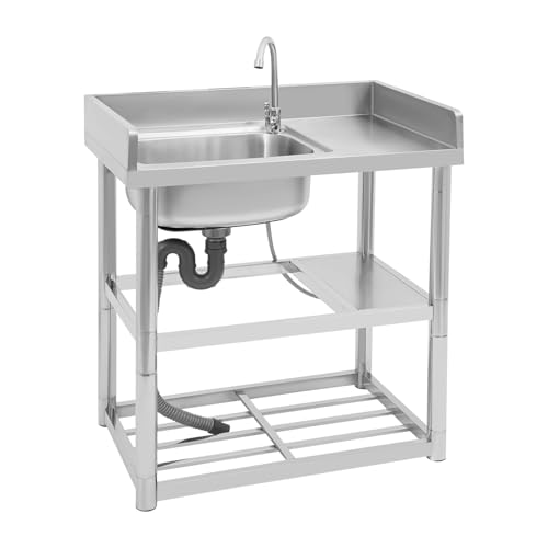 Lavello da cucina autoportante, 80 x 50 x 80 cm, in acciaio inox con rubinetto e piano di lavoro, 1 vasca, catering, lavabo portatile per esterni, interni, cucina, ristorante (L)