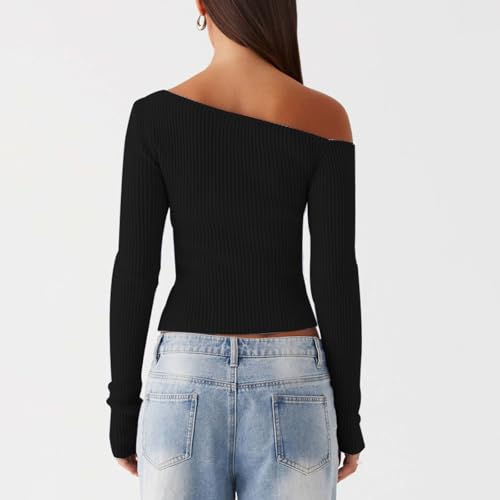 Image of Women Off Shoulder Long Sleeve Sweater Y2K Ribbed Knit Pullover Solid Crop Top Going Out Boat Neck Blouse