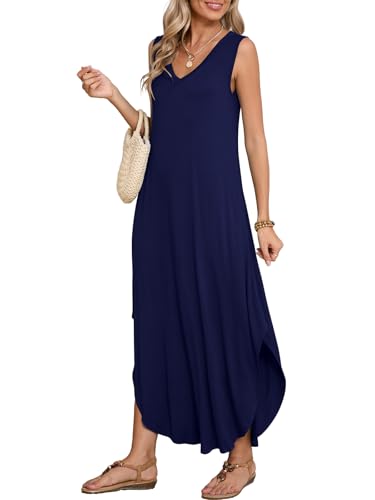 Image of BELAROI Womens Plus Size Maxi Dress Sundress Summer Casual Sleeveless V Neck Pockets Beach Swimsuit Coverup Loose