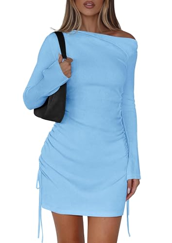 PRETTYGARDEN Long Sleeve Dress for Women Early Fall Fashion 2025 Cocktail Party Bodycon Off The Shoulder Mini Ruched Dresses(Light Blue,Large)