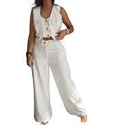 CHICME Women's Summer Two Piece Outfits V Neck Metal Button Front Crop Tank Vest Wide Leg linen P...