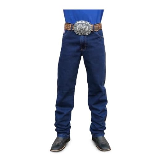 Calca Jeans Country Masculina Peao Barra Larga Cavalgada Rodeio Agro Os Boiadeiros (BR, Numérico, 46, Regular, Regular, Azul Stone)