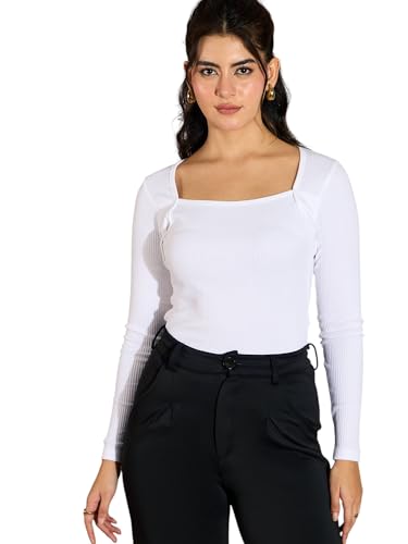 Image of SASSAFRAS Women's Slim Fit Full Sleeves Rib Square Neck Ribbed Basics - Casual Ribbed T-Shirt Tops