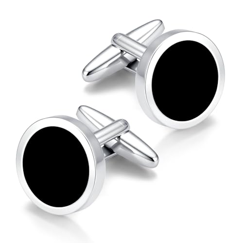 Image of Men's Black Onyx Cufflink & Tuxedo Shirt Stud Set, 16mm Rhodium-Plated Brass, Elegant Gift Box