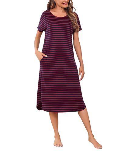 Litherday Chemise de Nuit Femme Longues Coton Robe de Nuit Col Rond Manches Courtes Nuisette avec Poches Rayé Vêtement de Nuit
