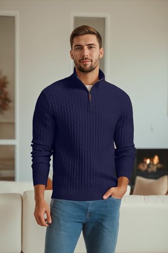 Askdeer Men's Quarter Zip Sweater Waffle Knit Sweater Mock Neck Polo Sweater Casual Pullover Sweater with Ribbing Edge2