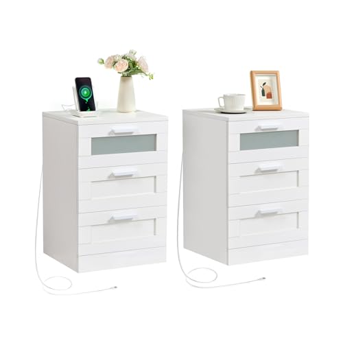 Juego de 2 Mesitas de Noche con Luz LED, Mesa Auxiliar con 3 Cajones, Mesilla de Noche con Puerto USB y Type-C, para Dormitorio o Estudio, Moderno (2,Blanco)