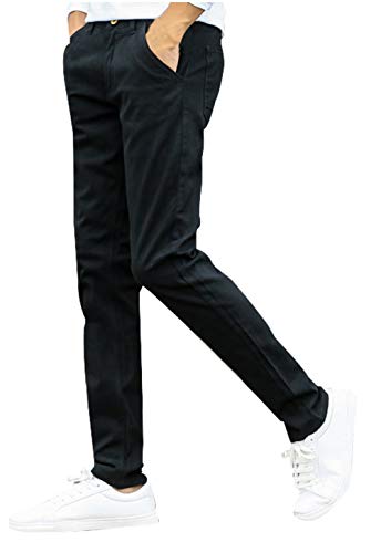 JiaYou Men Big Boy Cotton Blend Casual Mid Waist Slim Straight Full Long Length Pants Trousers(Black,28W X 28L)