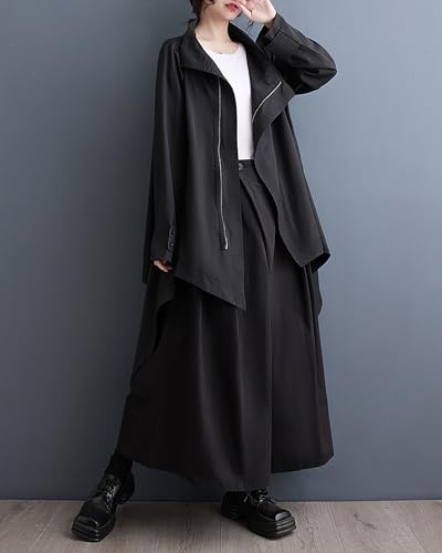 ellazhu Women's Coat Button Long Sleeve Flowy Hem Zipper Solid Black Oversize Loose Fall GZ255 A2