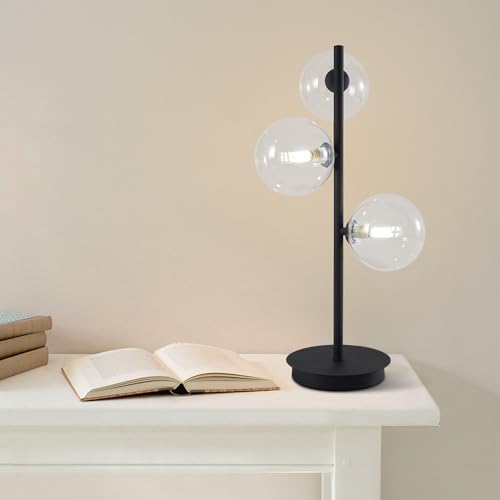 Image of 3-Light Black Table Lamp, Mid Century Nightstand Lamp with Clear Glass Globe Shade, Contemporary Bedside Lamp for Bedroom Living Room Study Room