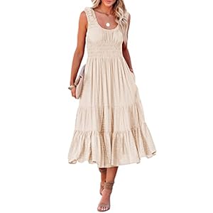 AlvaQ Women Summer Sleeveless Smocked Midi Dress High Waist Casual Tiered A Line Sundress with Pockets