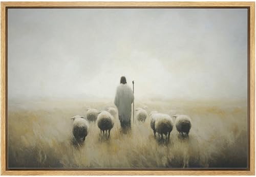 MUDECOR Framed Canvas Print Wall Art Rustic Shepherd with Flock Tranquil Neutral Landscape Illustrations Fine Art Decorative Zen Multicolor Country/Farmhouse Retro for Bedroom - 16"x24" Natural