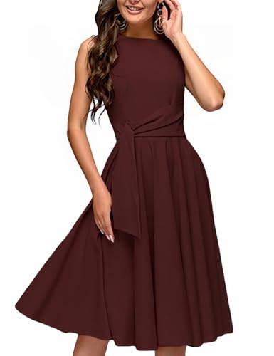 Image of FENJAR Women's Elegance Audrey Hepburn Style Ruched Dress Round Neck Sleeveless Swing Midi A-line Dresses (US, Alpha, XX-Large, Regular, Regular, A-Wine)