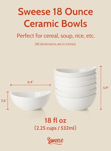 image for Sweese Porcelain Bowls Set - 6 Inch, 18 oz, White, for Soup, Cereal, F