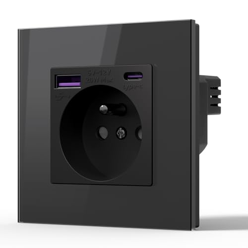 BSEED Prise Murale avec 20W USB C,Chargeur Rapide Multiprises,16A Prise avec Cristal,Prise de courant à Encastrer,1 Prise,86mm Noir