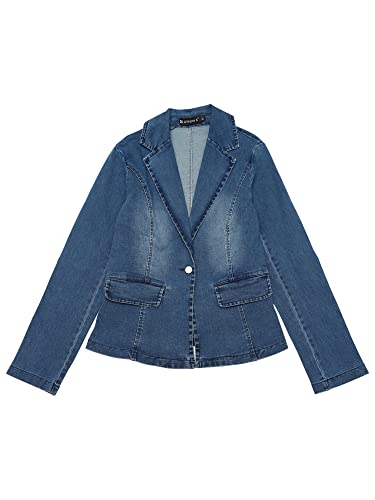 Allegra K ウォッシュド デニム ブレザー ジャケット ノッチ付きラペル ボタンアップ 長袖 レディース