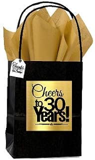 Black & Gold 30th Birthday/Anniversary Cheers Themed Small Party Favor Gift Bags with Tags -12pack