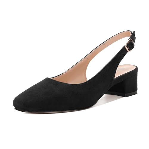 Women's Slingback Pumps, Square Closed Toe Low Heels, Fashion Comfort Buckle Solid Faux Suede Dressy Wedding Partying Shoes