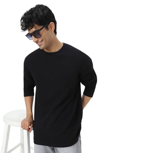 Image of Urbano Fashion Men's Textured Round Neck Oversized Full Sleeve Cotton T-Shirt