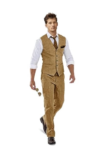 Men's Linen Suit 2 Piece Suits Vest Pants Set, Slim Fit Beach Wedding Prom Party Suit for Men