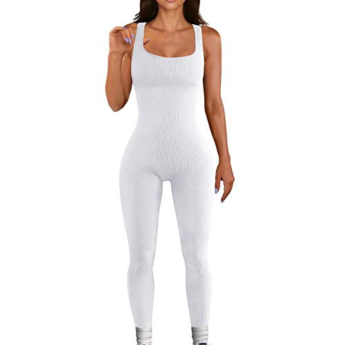 Mono de entrenamiento de una pieza acanalado para mujer, sin mangas, para yoga, transpirable, para entrenamiento, 01-blanco, S