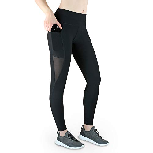 Legging de Sport Long avec empiècement en Maille Filet et Poches Pantalon de Course pour Femme Opaque Fitness Tech Mesh Pocket Taille Haute Tummy Smartphone Téléphone Portable en Maille Filet Noir XS