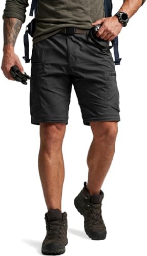 CQR Men's Convertible Cargo Tactical Pants, Water Resistant Outdoor Hiking Pants, Zip Off Lightweight Stretch Work Pants, Runyon Cargo W/Belt Black, 30W x 30L