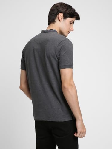 Image of Dennis Lingo Men's Cotton Grey Solid Regular Fit Mandarin Collar Short Sleeve Polo Tshirt