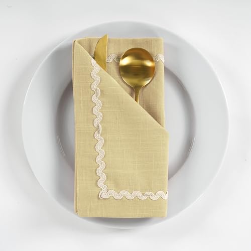 Image of FINGERCRAFT Cloth Napkins Set of 6, 18x18 Inch, 100% Cotton Table Napkins with RIC Rac Scallop Lace Trim, Reusable Washable Dinner Napkins for Wedding, Party, Dining & Home Decor (Beige)