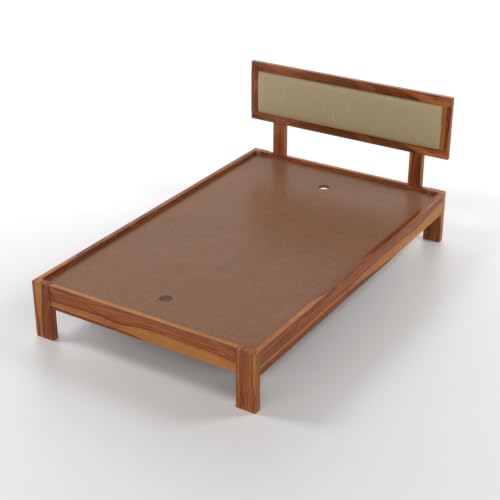 Image of Solid Sheesham Wood Single Bed Without Storage for Bedroom | Single Size Wooden Cot with Upholstered Headboard | Modern Platform Divan Bed for Home, Guest Room (Honey Finish)