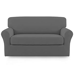 Easy-Going 2 Pieces Microfiber Stretch Sofa Slipcover – Spandex Soft Fitted Sofa Couch Cover, Washable Furniture Protector with Elastic Bottom Kids, Pet (Loveseat, Grey)