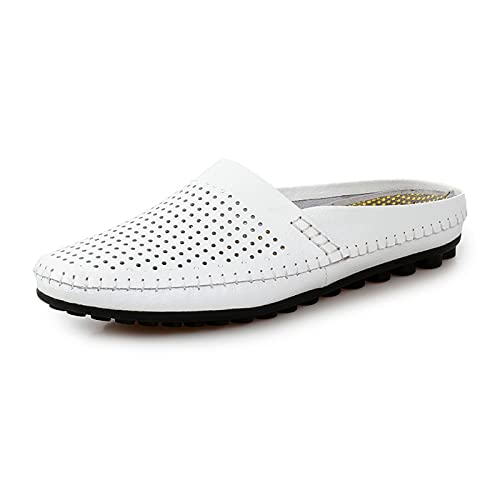 Ugoselec Men's Leather Punching Mules Clog Backless Slippers Slip On Loafers,Handmade Casual Non-Slip Breathable Closed Toe Mules (10.5,White,10.5) #TOP19