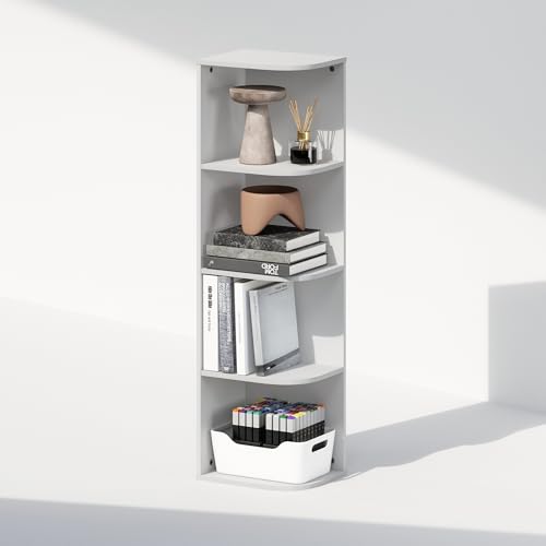 Image of Furinno Reed Corner Shelf, 4-Tier Corner Bookshelf, Book Shelf, Corner Shelves, Storage Rack, for Organization and Storage, Home Office, Living Room, White