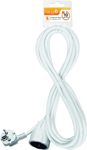 Garza - Cable alargador de corriente doméstico de 10 metros, blanco, con toma de tierra hasta 16 Amperios (3680W)