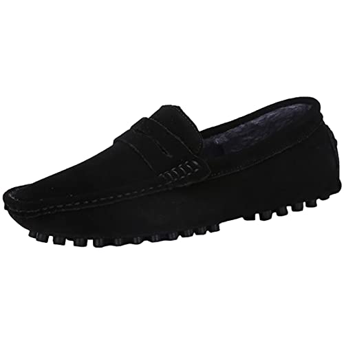 Jamron Men's Suede Leather Penny Loafers Comfort Driving Shoes Moccasin Slippers Plush Lined Black 2088-2 UK9