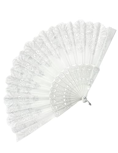 EOSAU Handheld Chinese Folding Fan Hand Fans for Women Foldable Bulk for Party Wedding Church Dancing (White-No Gold)