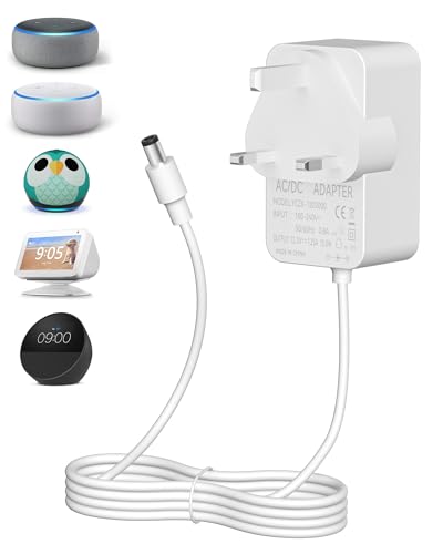 Binamao 12V 1.25A 15W Power Supply Charger Compatible with Echo Dot (3rd/4th/5th Gen) Echo Dot with 3/4 Gen Echo Dot Kids Edition 3/4 Gen Echo Show 5 (1/2Gen) Echo Spot Fire TV Cube 1.5M Cord - White