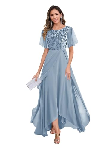 Sequin Chiffon Mother of The Bride Dresses for Women A Line Ruffle Sleeves Formal Evening Gowns