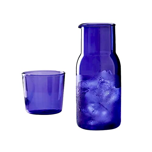 Carafe à Eau avec Tasse en Verre pour Table de Nuit, à Côté de la Carafe, Carafe à Eau pour Table de Nuit, Pichet à Eau en Verre Transparent, Bouteille de Bain de Bouche en Verre, Carafe(Bleu)