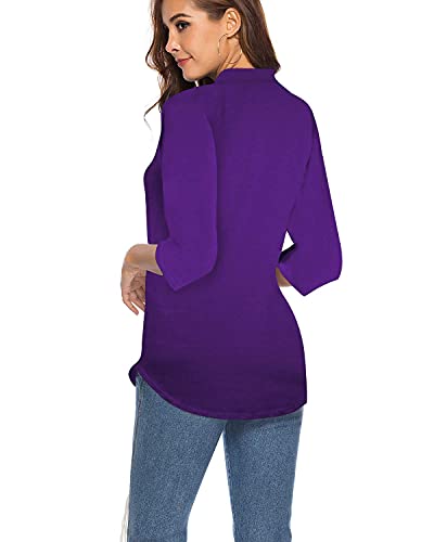 Ceasikery Women's 3/4 Sleeve V Neck Tops Casual Tunic Blouse Loose Shirt Purple #TOP6