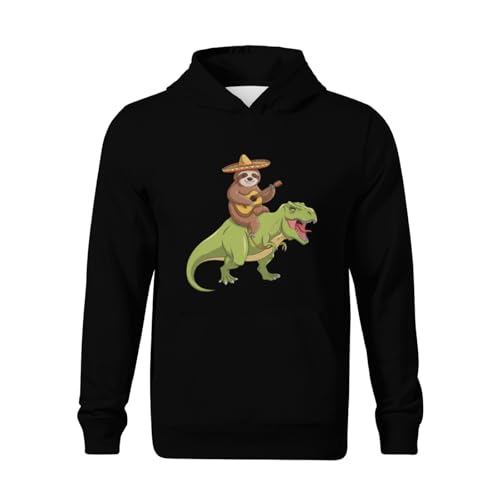 Kids Funny Mexican Sloth Riding T-Rex Dinosaur Boys Girls Lightweight Kangaroo Pocket Fleece Hoodies2