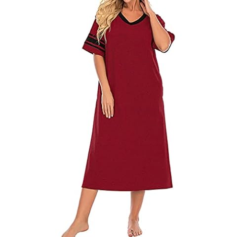 QIYUN.Z Women Short Sleeve Homewear Nightdress Cotton Mix Nightwear Home Dressing Gown Red Wine Cover