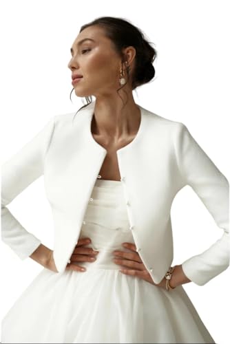 Elegant Bridal Wool Jacket with Pearl Buttons, White Wedding Coat for Brides, Luxurious Pearl-Buttoned Bridal Outerwear, Wool Wedding Dress Jacket, Sophisticated White Bridal Coat with Pearls (0 US)
