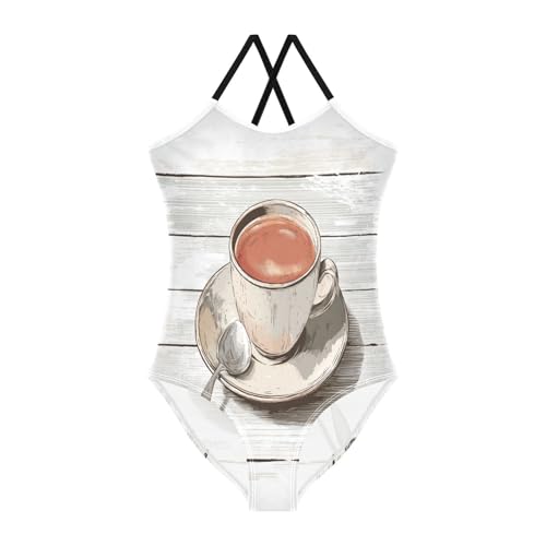 KLL Girl's Swimsuit 1 Piecing Beach Swimwear Toddler Swim Suit for Girls 7-8T Coffee