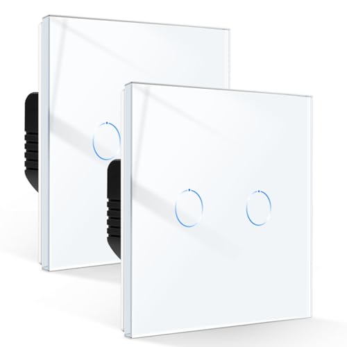 CNBINGO Touch Light Switch 2 Gang 2 Way, Tempered Glass Panel Light Switches with LED Indicator, No Neutral Wire, 2 Pack, White