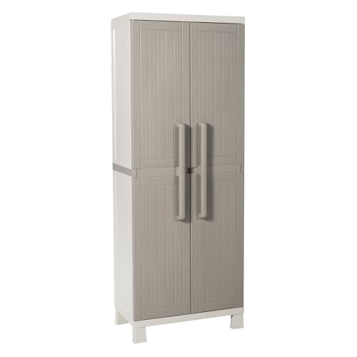 Toomax Armadio Portascope Wood Midi 65x37x173h cm in plastica resistente effetto legno grigio tortora/grigio chiaro, con 4 ripiani regolabili, piedini e predisposizione per lucchetto, per garage